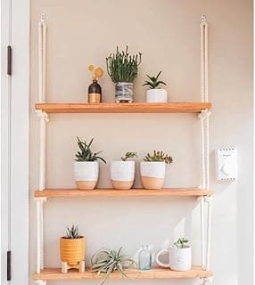 Prateleira Suspensa de Madeira Pinus com Cordas – Nicho Decorativo Rústico de Parede 2 ou 3 Andares para Sala, Quarto, Cozinha e Banheiro(3)