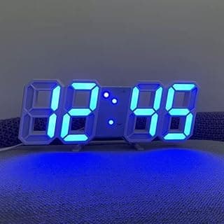 Relógio digital 3D LED azul para parede e mesa, com iluminação noturna, ideal para decoração de ambientes.