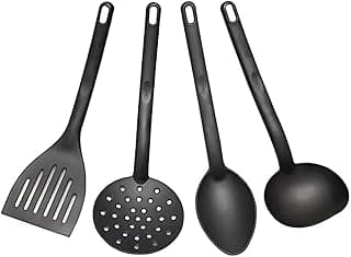 Kit 4 Utensílios de Cozinha em Nylon Preto - Espátula, Concha, Escumadeira e Colher