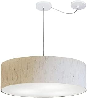 Lustre pendente com cúpula de tecido linho bege e desvio de centro