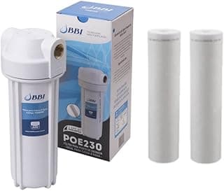 Filtro de água para caixa d'água BBI com dois refis, modelo POE230, em fundo branco.