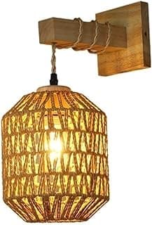 Arandela de parede de vime com cúpula de tecido natural e iluminação LED, design rústico, luz amarela.
