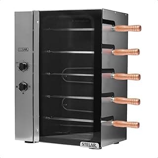 Churrasqueira Elétrica Stelar 5 Espetos Giratórios 220V, preta com detalhes em aço inoxidável, porta aberta