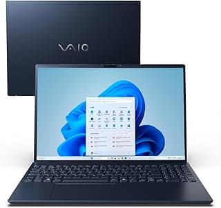 Notebook VAIO FE16 cinza grafite com tela aberta mostrando Windows 11