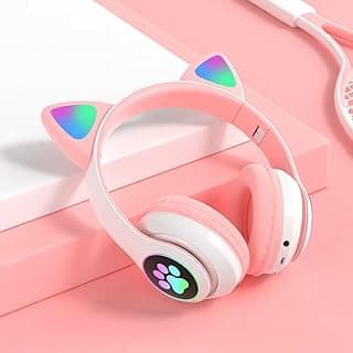 Fone de Ouvido Infantil Bluetooth com Orelhas de Gato LED RGB Dobrável Ajustável Rosa