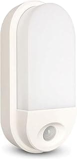 Arandela LED branca com sensor de presença, IP65, ângulo frontal, fundo branco.