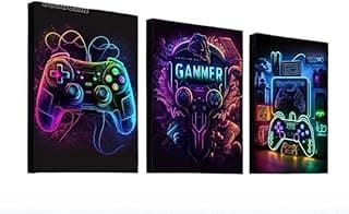 Kit 3 quadros decorativos de controles de jogo com temas neon e fundo escuro