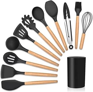 Kit de utensílios de cozinha em silicone com cabos de madeira, preto e marrom, em fundo branco