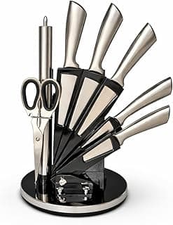Kit de facas com amolador e tesoura de aço inoxidável, 8 peças, preto e prata