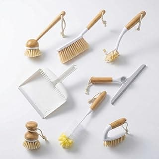 Kit de limpeza multiuso 8 em 1 com cabos de bambu, incluindo vassoura, pá, esfregão, escova de louça, pano de limpeza e escova de banheiro