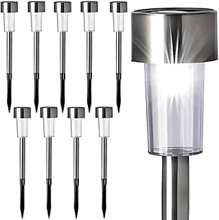 Kit de 10 luzes solares para jardim, iluminação branca fria, metal prateado, cúpulas transparentes, 30x4,5x2cm