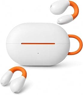 Fone de ouvido de condução óssea TWS branco com alças laranja, cancelamento de ruído, Bluetooth 5.2