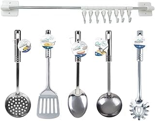 Kit Utensílios de Cozinha em Aço Inox com Suporte de Parede