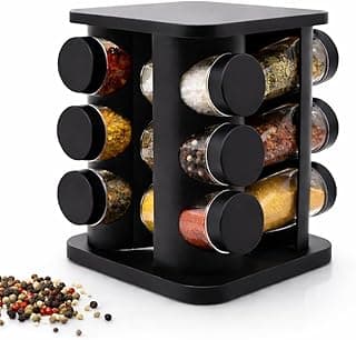 Organizador de condimentos giratório preto com 12 potes de vidro de 85ml