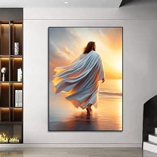 Quadro Decorativo Religioso Jesus Caminhando na Praia com Moldura Preta 60x90cm