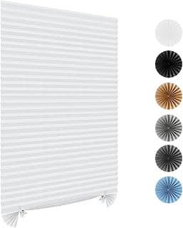 Persiana plissada branca autoadesiva para janela com filtro de luz e círculos decorativos em várias cores