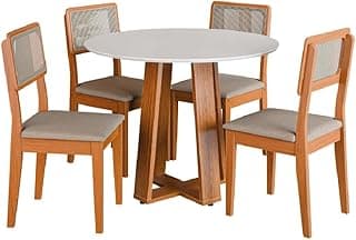 Conjunto de sala de jantar com mesa redonda off white e cadeiras madeiradas com assento estofado off white