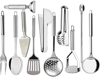 Kit completo de utensílios de cozinha de aço inoxidável com escumadeira, concha, espátula e pegador