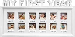 Porta retrato branco para fotos de bebês com 12 compartimentos rotulados de 1 a 12 meses