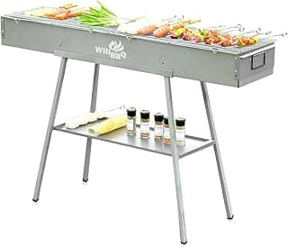 Grelhador a carvão WILLBBQ portátil, cinza, com grelha e prateleira para temperos, pronto para uso em jardins e piqueniques.