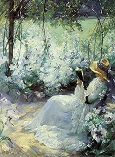 Pintura de mulher lendo livro em jardim com flores brancas e arbustos verdes