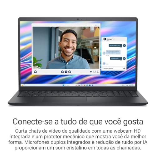 Notebook Dell 15 aberto com vídeo conferência, tela vibrante, teclado e webcam.