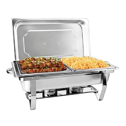 Rechaud inox profissional 12L com duas divisórias, tampa aberta, carnes e batatas fritas