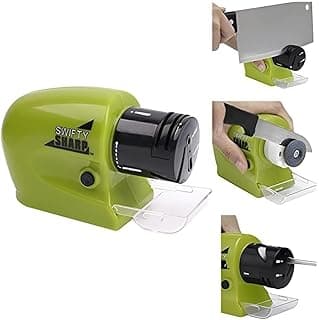 Amolador elétrico para facas e tesouras, múltiplas posições de uso, marca Swifty Sharp, verde e preto