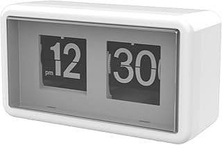 Relógio de mesa branco com design flip automático, mostrando 12:30 pm.