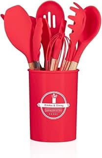 Jogo de utensílios de cozinha vermelho com cabo de madeira