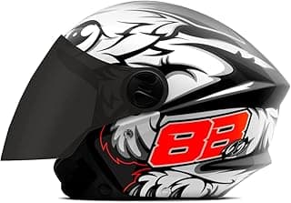 Capacete aberto preto com viseira fumê e detalhes em branco e vermelho, número 88, viseira preta e presilhas de ajuste.