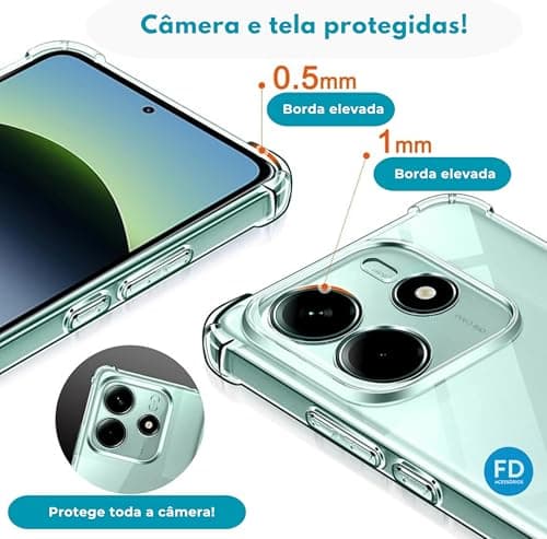 Capa transparente para smartphone Redmi Note 14 com proteção elevada para câmera e tela.