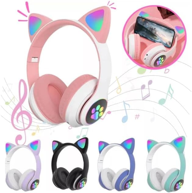 Fone de Ouvido Bluetooth Gatinho com LED Colorido, Headset Bluetooth Orelhas de Gato com Luz LED, Fones de Ouvido Wireless Cartão de Memória, Cabo P2, Bateria de 400mAh (Rosa) (Verde)
