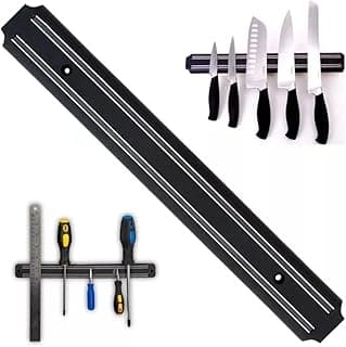 Kit 2 Barras Magnética para Facas e Ferramentas, Preto, 33cm x 5cm, Plástico com Duplo Ímã, Fixação na Parede, Inclui Parafusos e Buchas