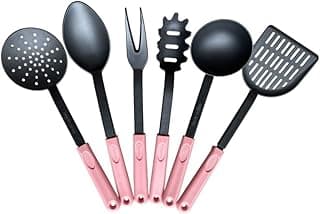 Kit de utensílios de cozinha de nylon rosa e preto com cabos ergonômicos