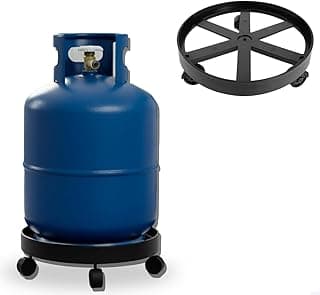 Suporte multiuso com rodas 360° para botijão de gás e galão de água, cor preto e azul, fundo branco