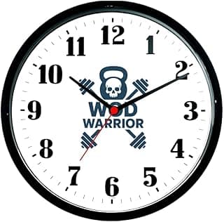 Relógio de Parede WOD WARRIOR, Design Fitness com Halteres e Caveira, Mostrador Branco, Borda Bege, Decorativo para Academia