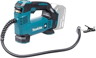 Compressor de ar portátil a bateria 18V da Makita, azul e preto, com cabo e conector visíveis, em fundo branco.
