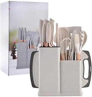 Kit de utensílios de cozinha em silicone branco com 19 peças, organizado em suporte com compartimentos