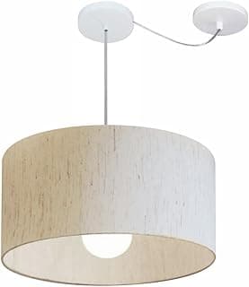 Luminária pendente Vivare Iluminação com cúpula de tecido linho bege, desvio de centro, cilíndrica e branca.