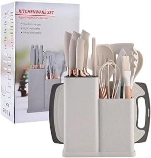 Kit Conjunto 19 Peças Utensílios de Cozinha Silicone e Facas com Cabo de Madeira Jogo Completo(Branco/kit19)