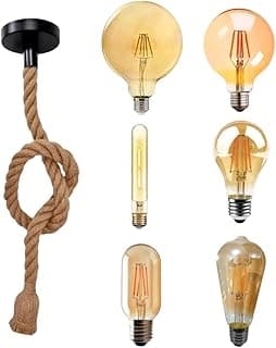 Kit 4x Pendente Luminária Corda Sisal Retrô Vintage Rústico E27 1,5m + Lâmpada De Filamento De LED (T30)