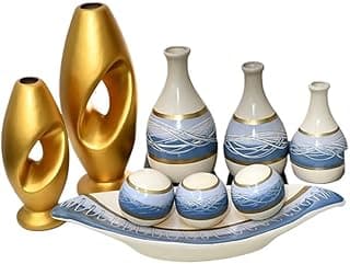 Conjunto de vasos de cerâmica moderna azul e branco com peças douradas para decoração de sala