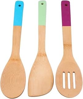 Jogo de 3 utensílios em bambu com cabo colorido - azul, verde e roxo
