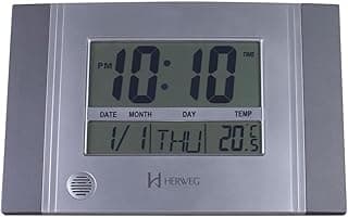 Relógio de Parede Digital Cinza Metálico Herweg exibindo hora, data, dia da semana e temperatura