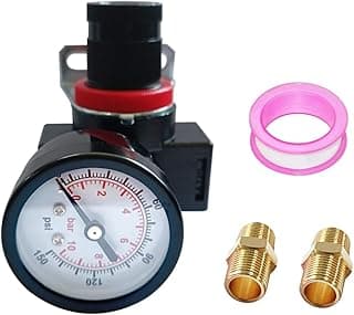 Regulador de pressão de ar com manômetro 0-145 psi, conectores dourados e anel rosa