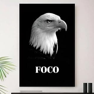 Quadro decorativo águia em preto e branco com texto FOCO, ideal para decoração de escritório ou sala.