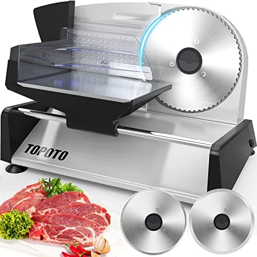 Cortador de carne Uso doméstico TOPOTO Cortador de carne elétrico 2 lâminas de aço inoxidável de 7,5" 0-15 mm Máquina de fatiar de espessura ajustável Poderosos fatiadores de comida para carne, queijo, pão, vegetais fáceis de limpar