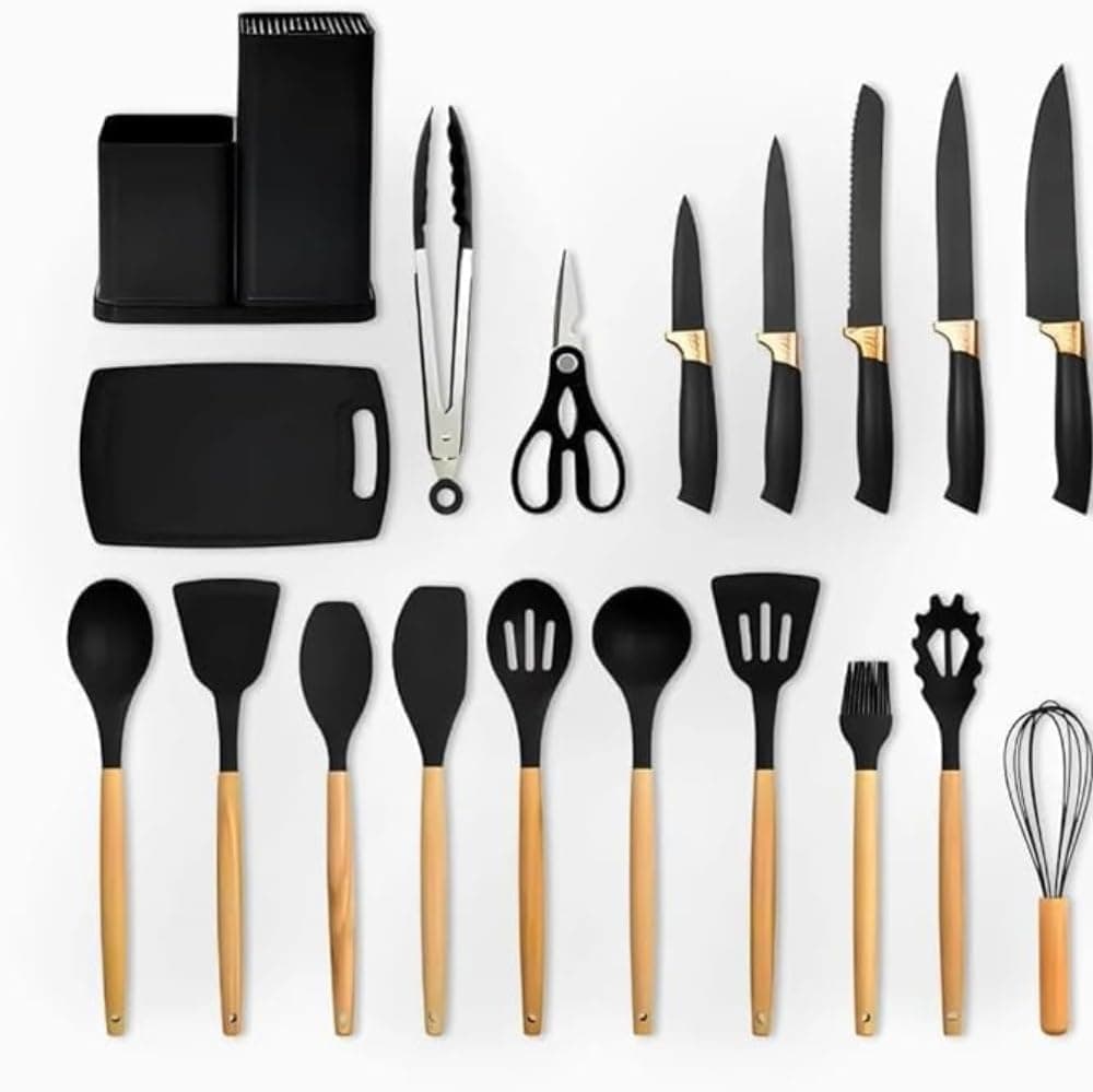 Kit Completo Jogo de Cozinha Luxo 19 Peças Com Tábua em Silicone Cabo Madeira Conjunto Completo Espátula Concha Colher Jogo Suporte Faca Antiaderente Tabua Tesoura Faqueiro PREMIUM (Cinza)