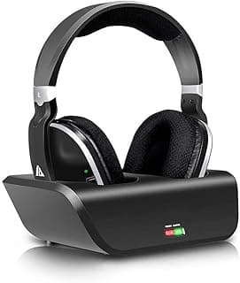 MONODEAL Fones de ouvido de TV sem fio, fones de ouvido supra-auriculares para assistir TV com base de carregamento, transmissor RF de 2,4 GHz, alcance sem fio de 30 metros e bateria recarregável de 20 horas, preto